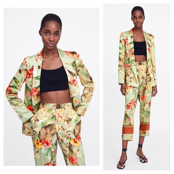 ZARA Jackets & Blazers - Zara Green Tropical Floral Print Satin Oversized Blazer Medium